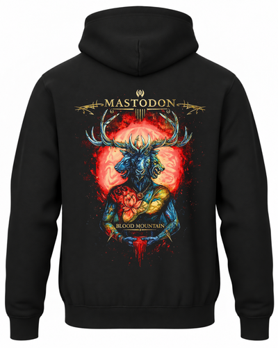 Czarna bluza z kapturem Mastodon Blood Mountain z nadrukiem rogatego stworzenia na czerwonym tle na plecach
