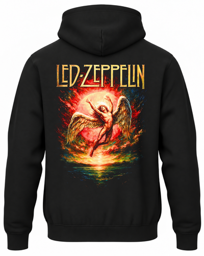 Czarna bluza z kapturem Led Zeppelin z nadrukiem skrzydlatej postaci na tle czerwonego słońca na plecach