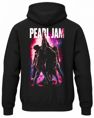 Czarna bluza z kapturem Pearl Jam Ten z nadrukiem zespołu unoszącego ręce na różowym tle na plecach