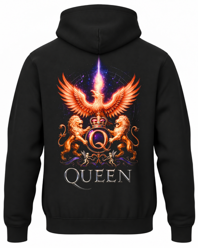 Czarna bluza z kapturem z napisem Queen i kolorowym herbem z feniksem oraz lwami na plecach