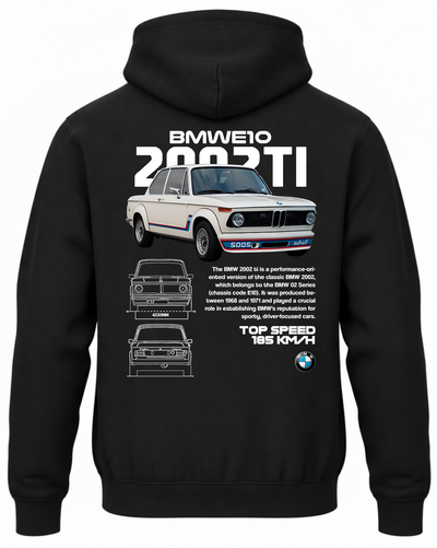 Czarna bluza z kapturem z nadrukiem samochodu BMW 2002 TII