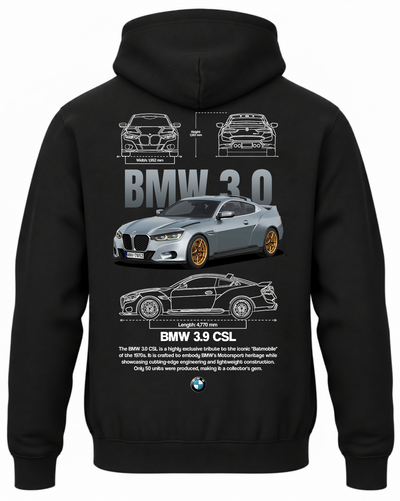 Czarna bluza z kapturem z nadrukiem samochodu BMW 3.0 CSL
