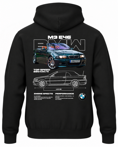 Czarna bluza z kapturem z nadrukiem samochodu BMW M3 E46