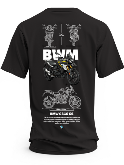Czarna koszulka z motocyklem BMW G310 GS w czarno-żółtej kolorystyce i rysunkami technicznymi