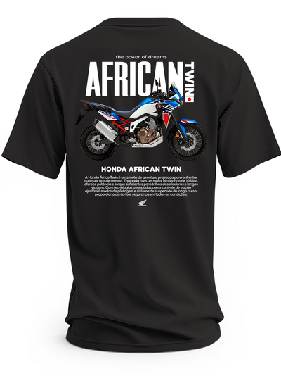 Czarna koszulka z biało-niebiesko-czerwonym motocyklem Honda Africa Twin i dużym białym napisem African Twin