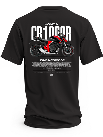 Czarna koszulka z czerwono-czarnym motocyklem Honda CB1000R i dużym białym napisem CB1000R