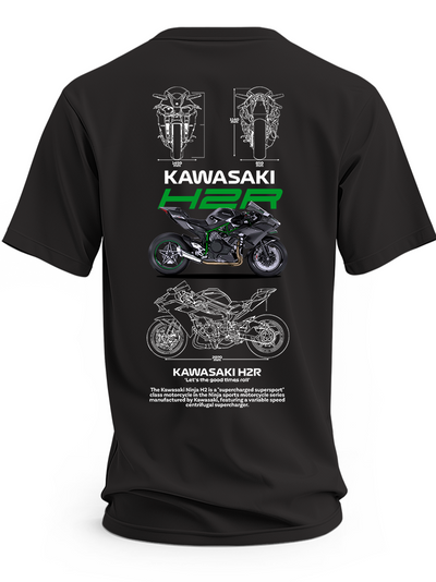 Czarna koszulka z motocyklem Kawasaki Ninja H2R, zielonym napisem H2R i rysunkami technicznymi – wzór 2
