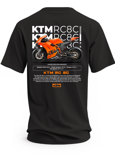 Czarna koszulka z pomarańczowym motocyklem KTM RC 8C i napisem KTM RC8C