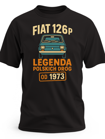 Retro napis „Fiat 126p — Legenda polskich dróg (od 1973)” z małą ikoną przodu Malucha i datą w formie stempla - czarna koszulka meski