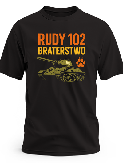 Sylwetka czołgu w stylu stencil, mała ikona łapy i napis RUDY 102 BRATERSTWO - czarna koszulka meski