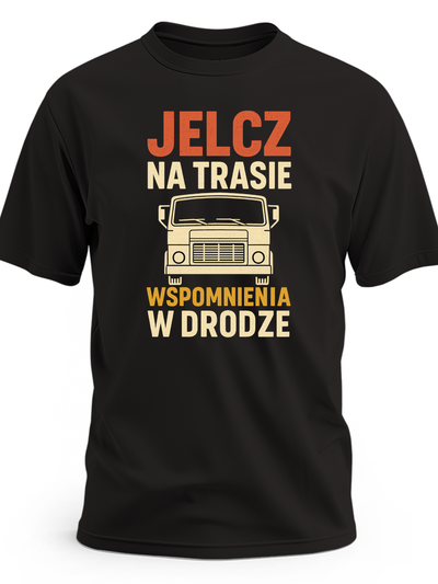 Koszulka męska z Jelczem z nadrukiem Jelcz w trasie wspomnienia w drodze dla fana starej motoryzacji PRL
