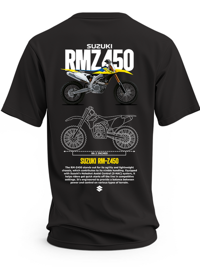 Czarna koszulka z motocyklem Suzuki RM-Z450, napisem RM-Z450 i rysunkami technicznymi