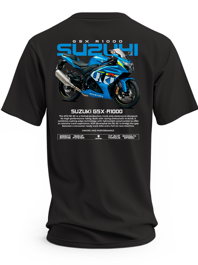 Czarna koszulka z niebieskim motocyklem Suzuki GSX i niebieskim napisem Suzuki – wzór 2