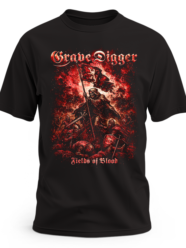 Czarna koszulka Grave Digger Fields of Blood z wojownikiem i flagą na czerwonym tle