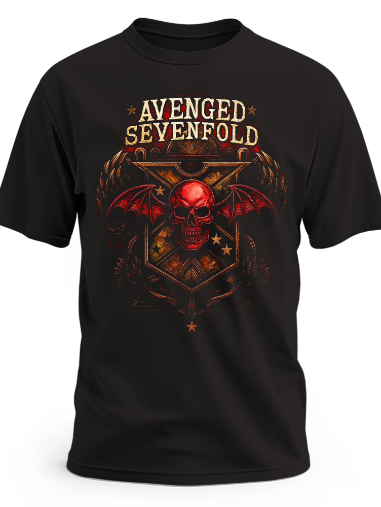 Czarna koszulka Avenged Sevenfold z czerwoną czaszką, skrzydłami nietoperza i złotym logo