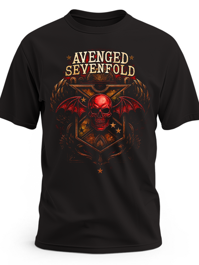 Czarna koszulka Avenged Sevenfold z czerwoną czaszką, skrzydłami nietoperza i złotym logo