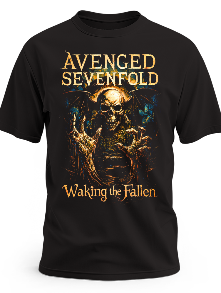 Czarna koszulka Avenged Sevenfold Waking the Fallen ze złotym szkieletem i logo zespołu