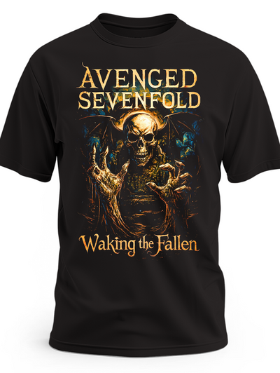 Czarna koszulka Avenged Sevenfold Waking the Fallen ze złotym szkieletem i logo zespołu