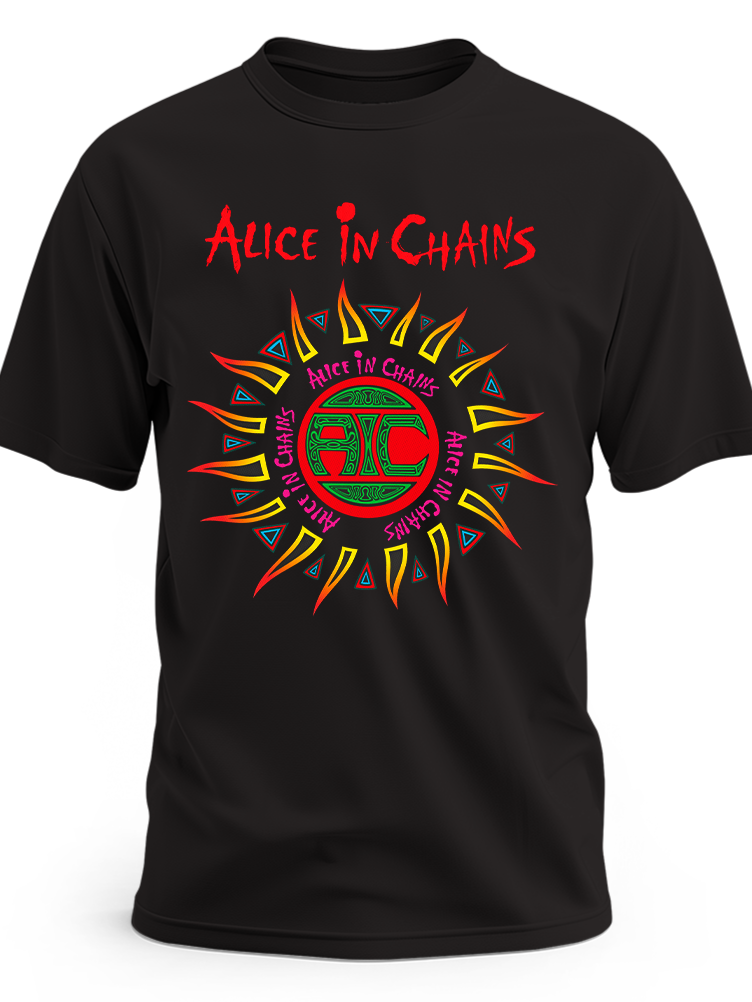 Czarna koszulka Alice in Chains z kolorowym symbolem słońca i czerwonym logo zespołu