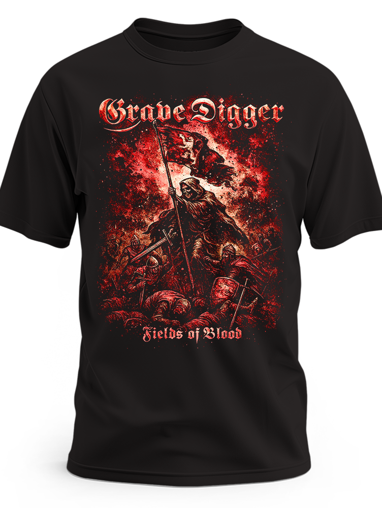 Czarna koszulka Grave Digger Fields of Blood z wojownikiem, flagą i czerwonym polem bitwy – wzór 109