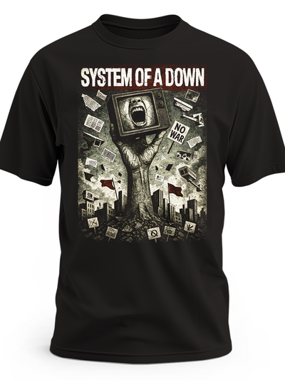 Czarna koszulka System of a Down z telewizorem trzymanym w dłoni