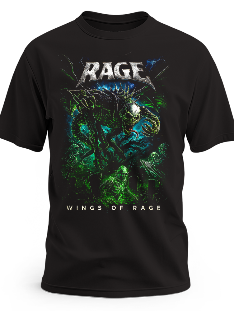 Czarna koszulka Rage Wings of Rage z zielonymi szkieletami i srebrnym logo zespołu
