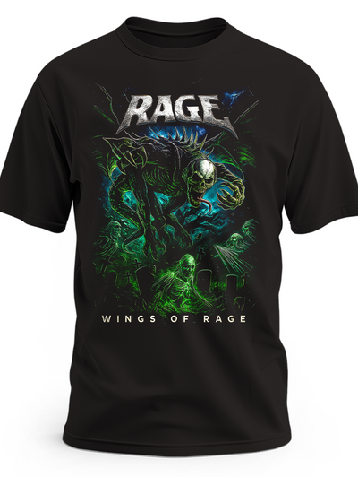 Czarna koszulka Rage Wings of Rage z zielonymi szkieletami i srebrnym logo zespołu