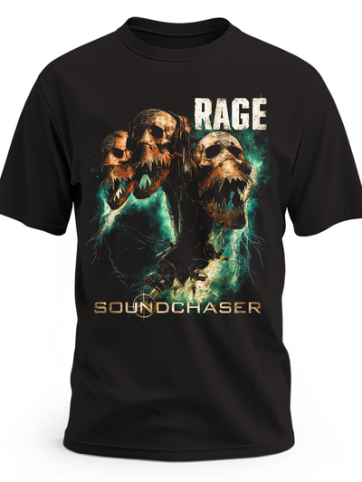 Czarna koszulka Rage Soundchaser z trzema czaszkami i zielonymi błyskawicami