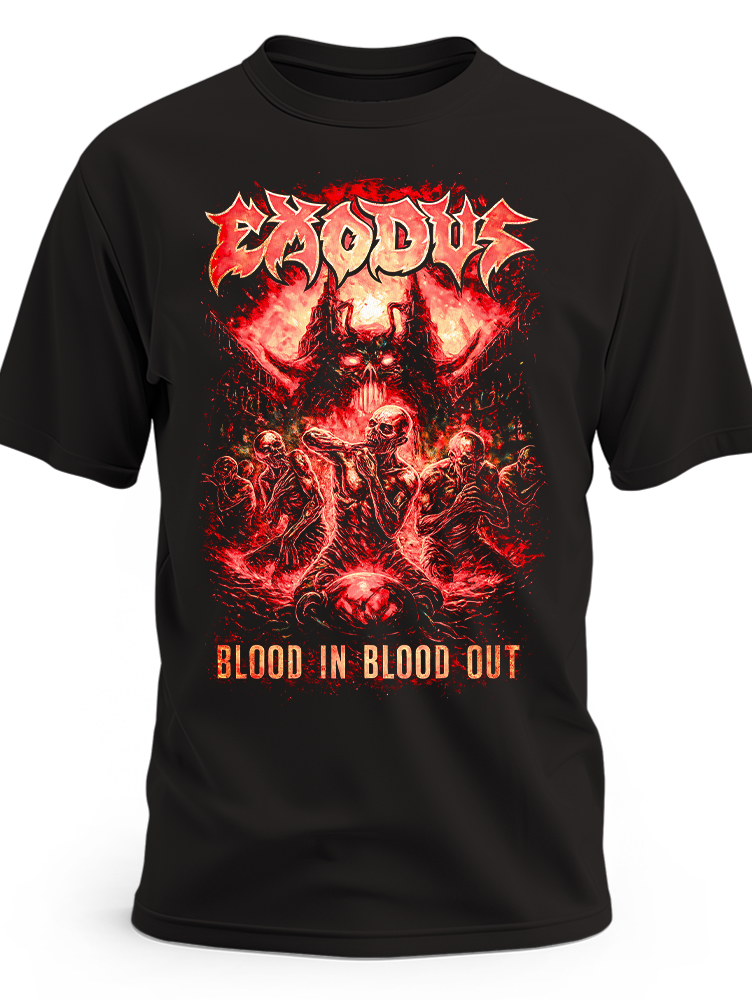 Czarna koszulka Exodus Blood In Blood Out z czerwonymi szkieletami, demonem i logo zespołu