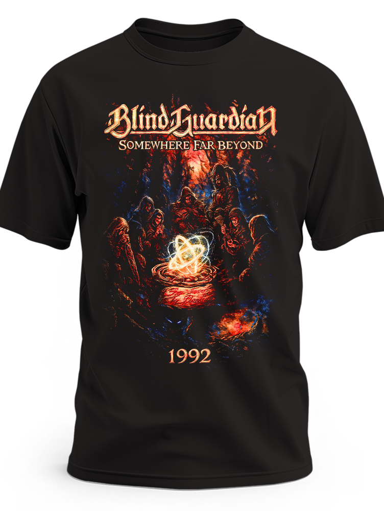 Czarna koszulka Blind Guardian Somewhere Far Beyond z postaciami wokół świetlistego symbolu i rokiem 1992