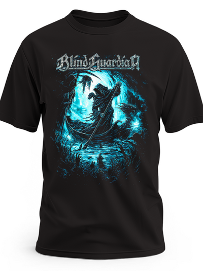 Czarna koszulka Blind Guardian z postacią w płaszczu na łodzi i niebieskim motywem fantasy