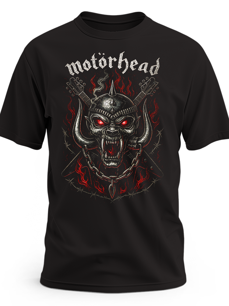 Czarna koszulka Motörhead z symbolem zespołu i czerwonymi oczami