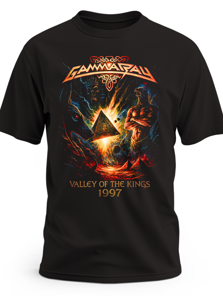 Czarna koszulka Gamma Ray Valley of the Kings z piramidą, egipską postacią i rokiem 1997