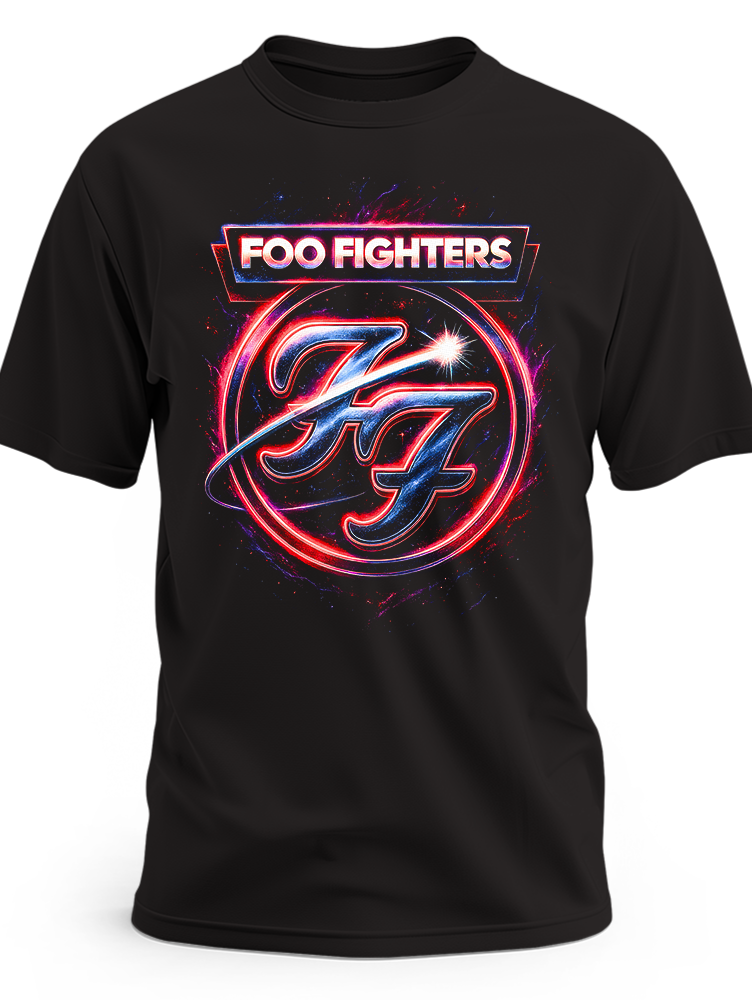 Czarna koszulka Foo Fighters z neonowym logo FF w czerwono-niebieskim okręgu