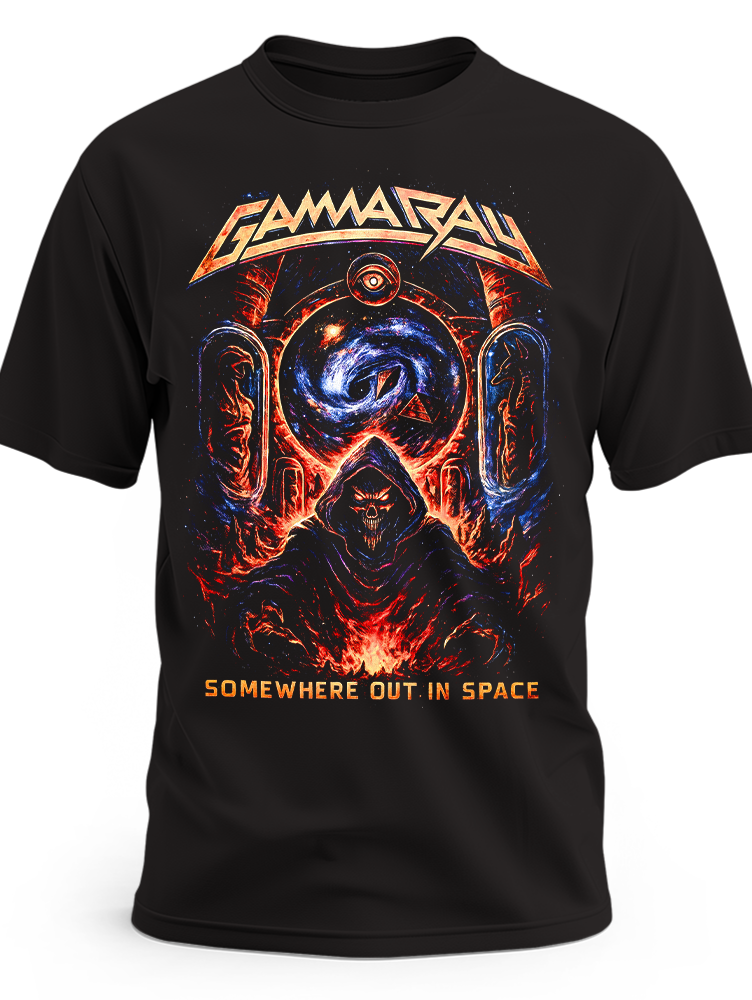 Czarna koszulka Gamma Ray Somewhere Out in Space z postacią w kapturze i kosmicznym portalem