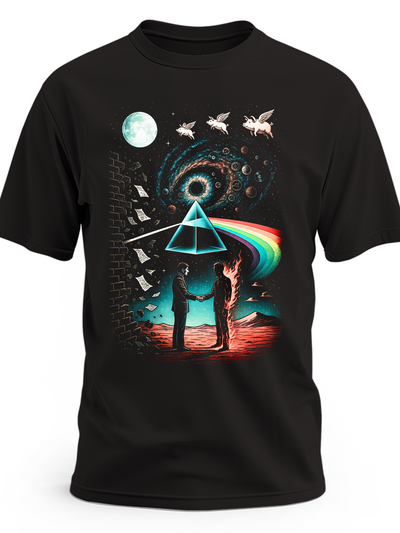 Czarna koszulka Pink Floyd z pryzmatem, tęczą i kosmicznym motywem