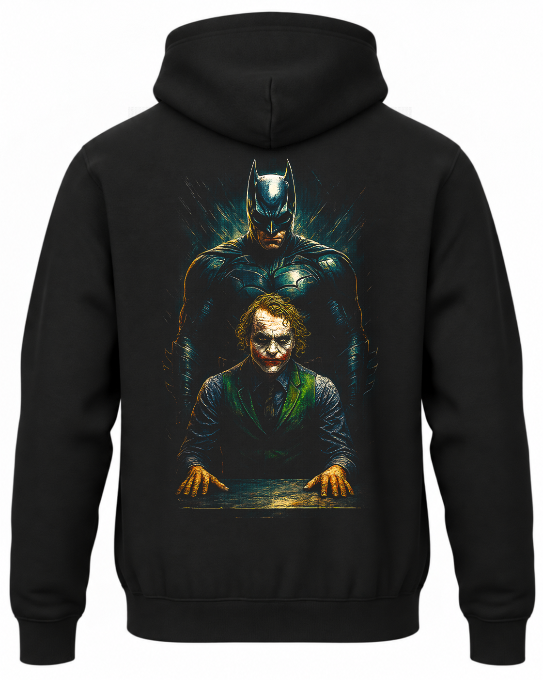 Czarna bluza z kapturem i nadrukiem na plecach: Batman i Joker