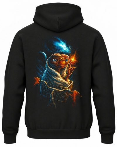 Czarna bluza z kapturem i nadrukiem na plecach: E.T.