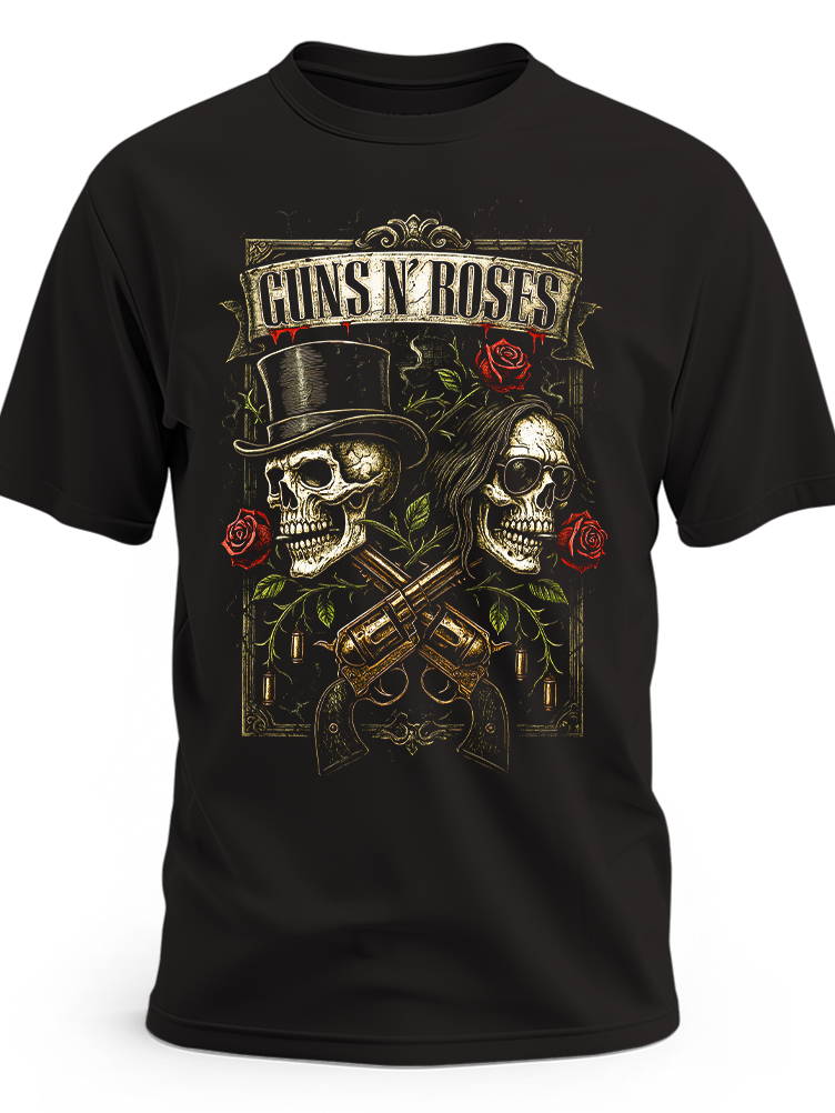 Czarna koszulka Guns N’ Roses z czaszkami, różami i rewolwerami