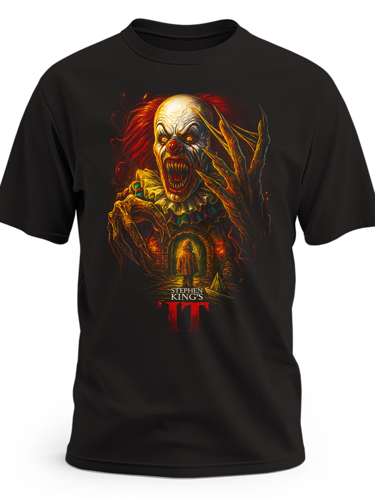 Czarna koszulka z nadrukiem klauna Pennywise’a z klasycznego filmu To