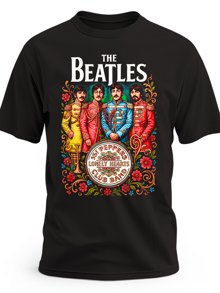 Czarna koszulka The Beatles z kolorowym kolażem muzycznym