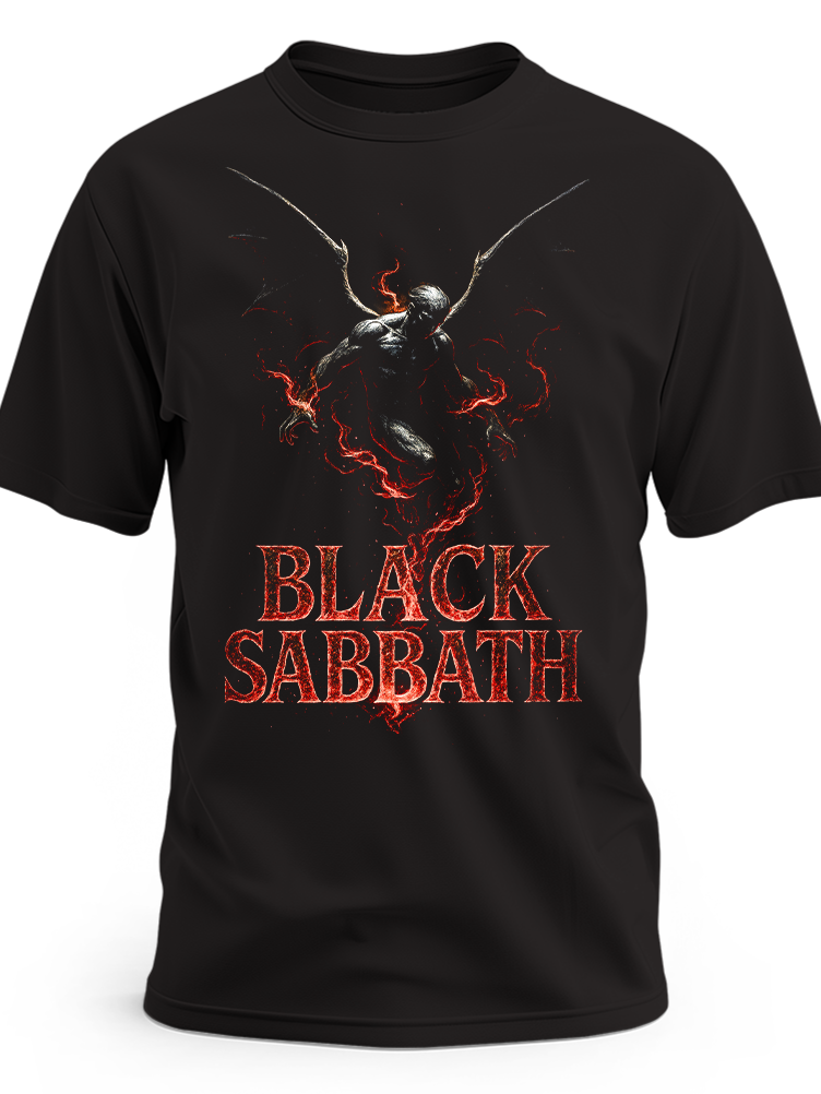 Czarna koszulka Black Sabbath ze skrzydlatym demonem i czerwonym napisem