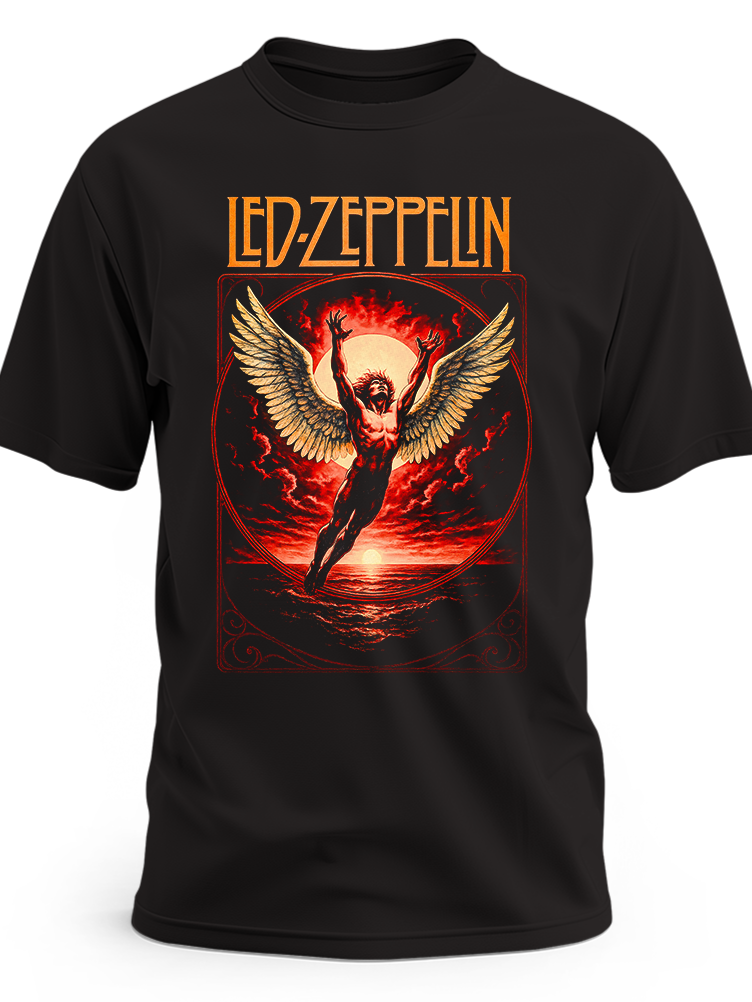 Czarna koszulka Led Zeppelin z Ikarem i skrzydłami na czerwonym tle