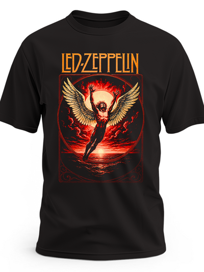 Czarna koszulka Led Zeppelin z Ikarem i skrzydłami na czerwonym tle