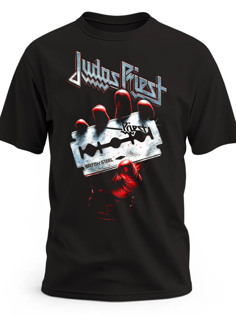 Czarna koszulka Judas Priest z żyletką British Steel w dłoni