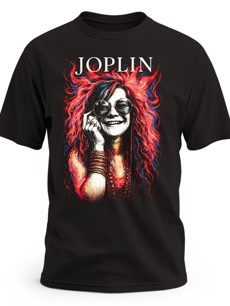 Czarna koszulka z napisem Joplin i portretem w czerwonej kolorystyce