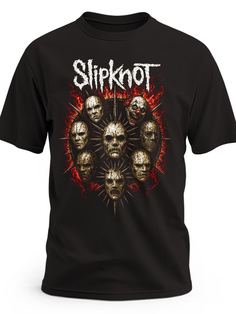 Czarna koszulka Slipknot z maskami członków zespołu