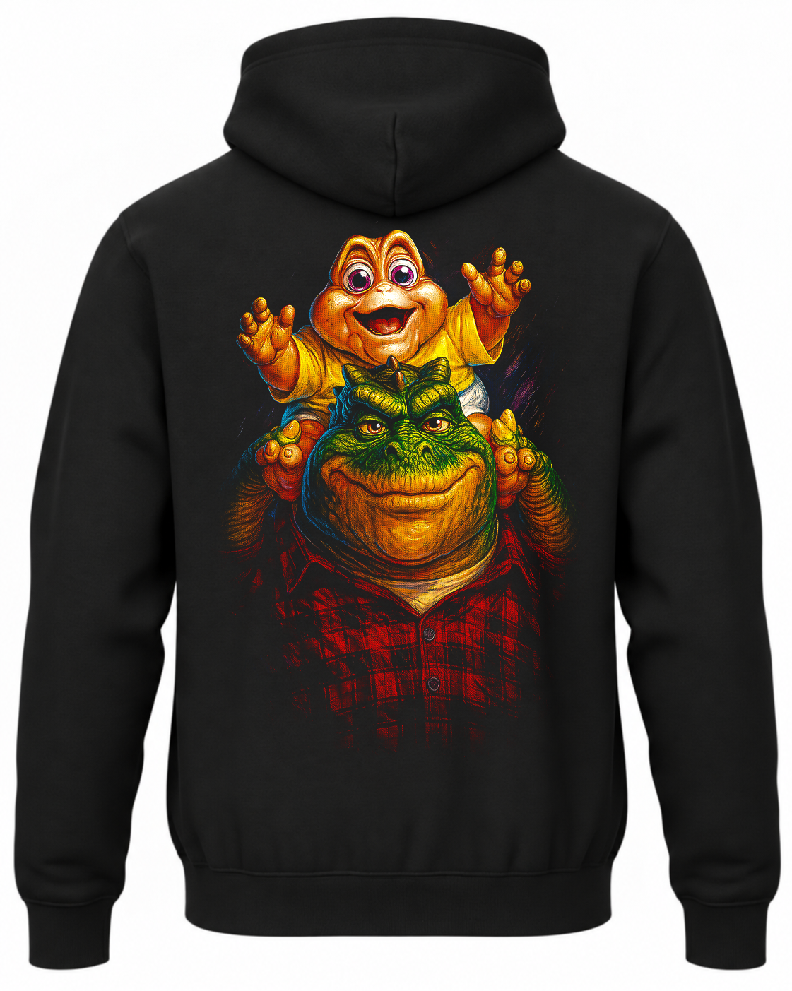 Czarna bluza z kapturem i nadrukiem na plecach: Dinozaury – Earl i Baby Sinclair