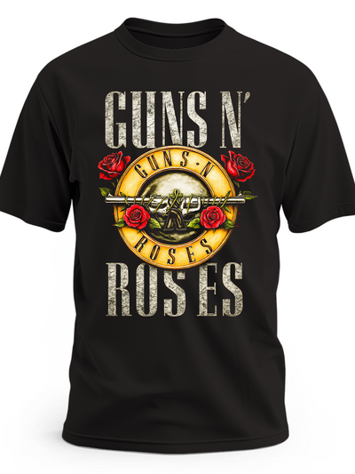 Czarna koszulka Guns N’ Roses z klasycznym logo, różami i rewolwerami