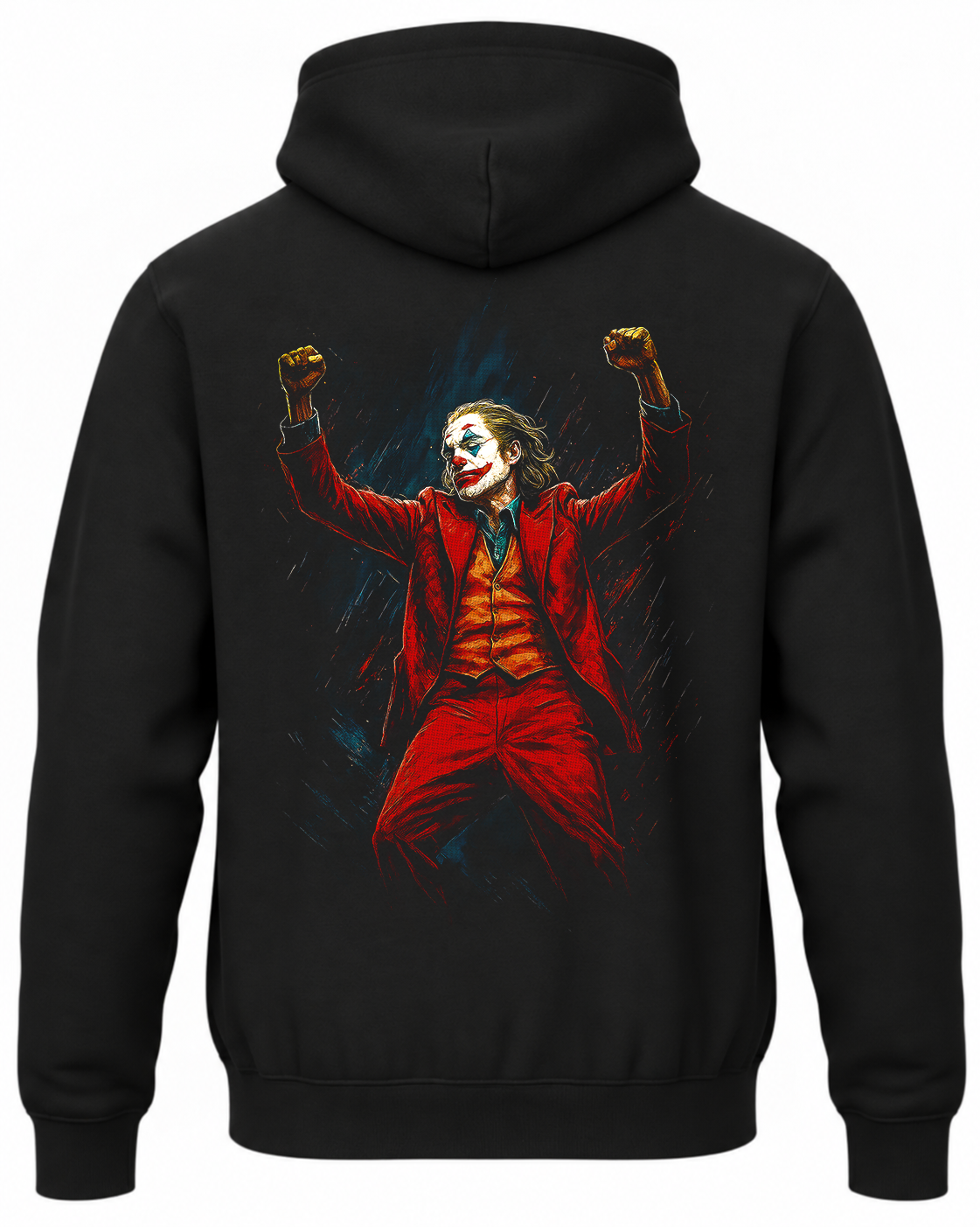 Czarna bluza z kapturem i nadrukiem na plecach: Joker – czerwony garnitur